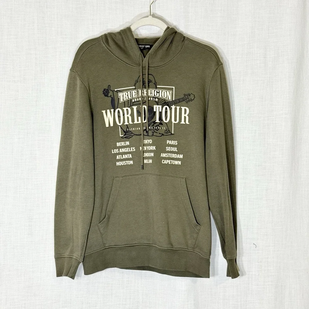 True Religion‎ World Tour Pullover Hoodie Olive Green Graphic Sweatshirt M